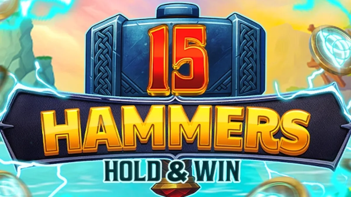 Tampilan antarmuka slot 15 Hammers: Hold & Win dengan latar belakang tambang.